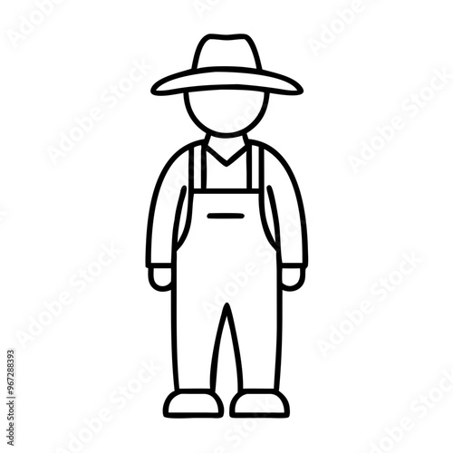 Outline figure of farmer with overalls and hat on white background