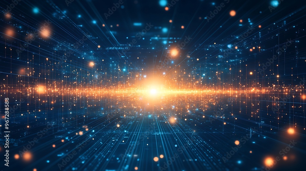 Fototapeta premium A mesmerizing burst of light in a digital universe, showcasing vibrant particles and dynamic energy waves.
