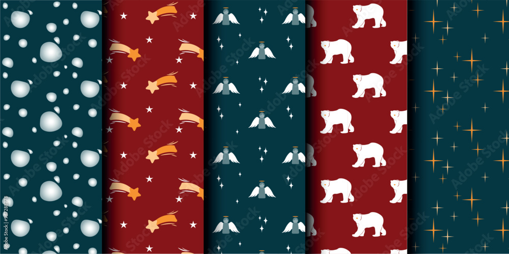 Fototapeta premium Set of Christmas vector seamless pattern. Merry Christmas and Happy New Year. Christmas symbols background. Vector red and blue seamless illustration