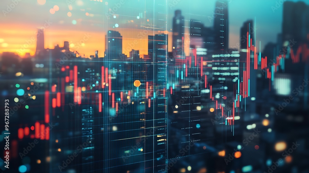 Fototapeta premium City Skyline at Sunset with Financial Data Visualization and Vibrant Colors Creating a Dynamic Atmosphere