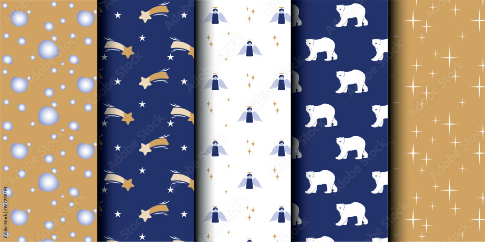 Fototapeta premium Set of Christmas vector seamless pattern. Merry Christmas and Happy New Year. Christmas symbols background. Vector gold and blue seamless illustration