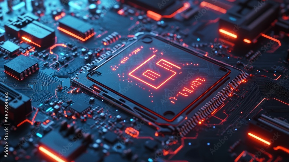 Close-Up of a Circuit Board with a Glowing Red Icon Close-Up of a Circuit Board with a Glowing Red Icon