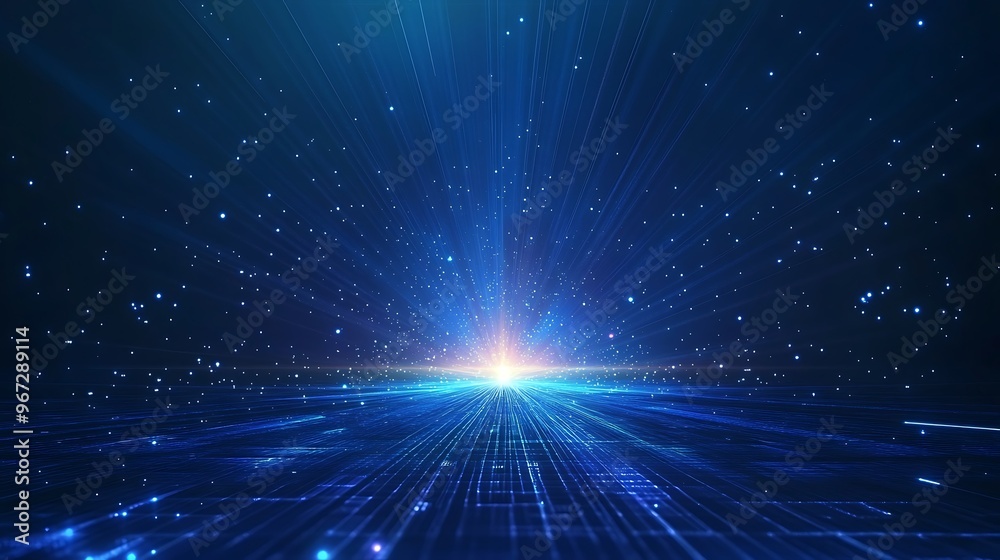 A mesmerizing digital landscape depicting blue light rays radiating from a central point, conveying depth and motion in space. A mesmerizing digital landscape depicting blue light rays radiating from a central point, conveying depth and motion in space.
