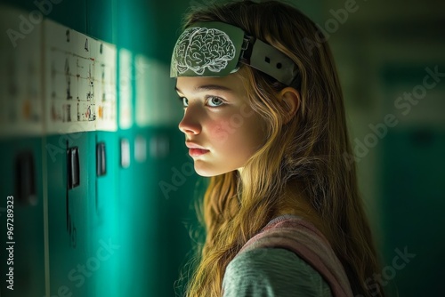 Cerebral cortex neuroinformatics mental health data mapping and artificial intelligence young woman with glowing neural connections on her forehead symbolizing technology and future potential photo