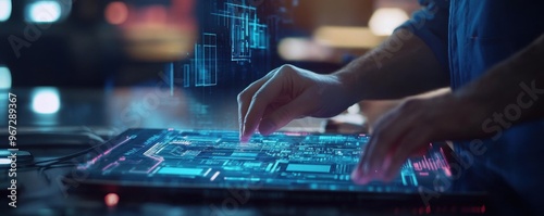 A person interacts with a futuristic touchscreen display, visualizing data and technology in a modern, immersive environment.