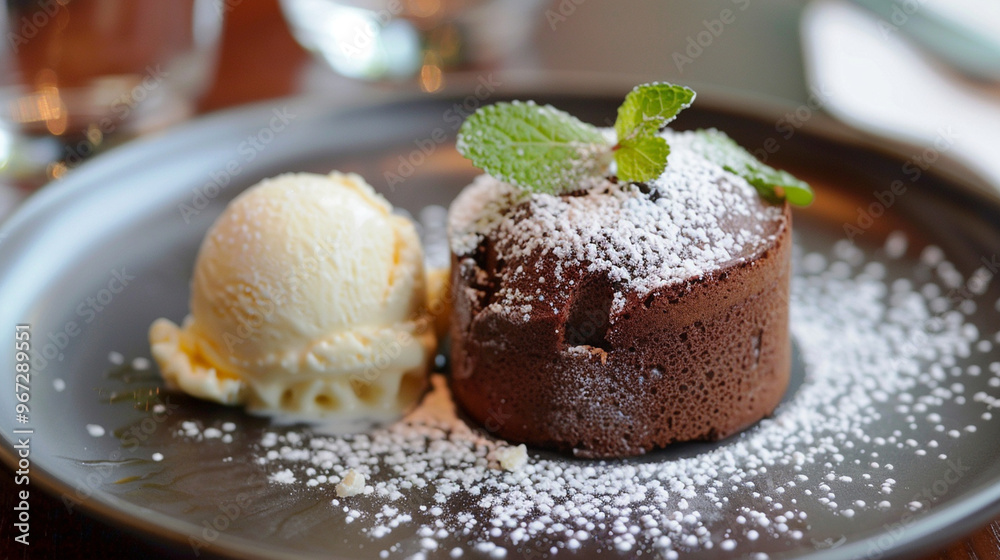 A dessert plate featuring a small, intricately crafted chocolate soufflé, dusted with powdered sugar and served with vanilla bean ice cream. A dessert plate featuring a small, intricately crafted chocolate soufflé, dusted with powdered sugar and served with vanilla bean ice cream.