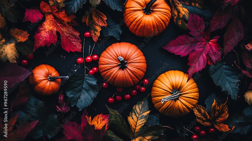 Autumn Harvest with Pumpkins and Colorful Leaves Creating a Cozy Seasonal Atmosphere Autumn Harvest with Pumpkins and Colorful Leaves Creating a Cozy Seasonal Atmosphere