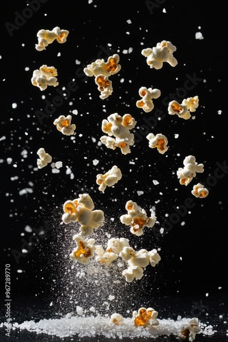 Popcorn kernels burst and scatter in a dynamic display against a dark background during a lively snack preparation