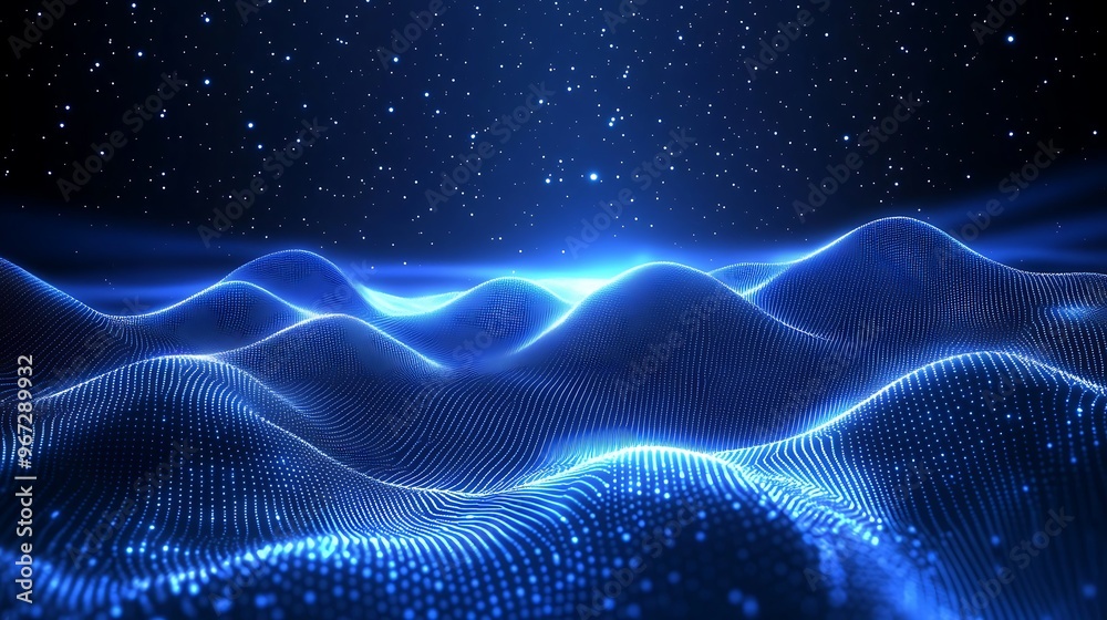 A mesmerizing digital landscape featuring illuminated blue waves under a starry night sky, evoking a sense of depth and tranquility. A mesmerizing digital landscape featuring illuminated blue waves under a starry night sky, evoking a sense of depth and tranquility.
