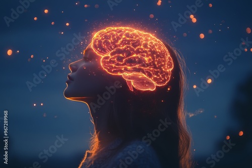 Mental clarity bioluminescence biophotonics synaptic transmission and data exchange glowing brain in the silhouette of a woman symbolizing creativity thought expansion and cognitive function photo