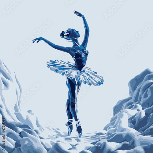 A blue crystalline ballerina in a graceful pose on white backgrond