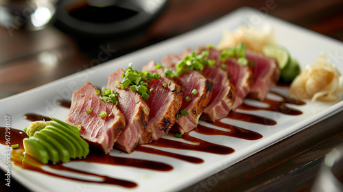 A sophisticated plate of seared tuna tataki, thinly sliced and arranged with pickled ginger, wasabi, and soy drizzle.