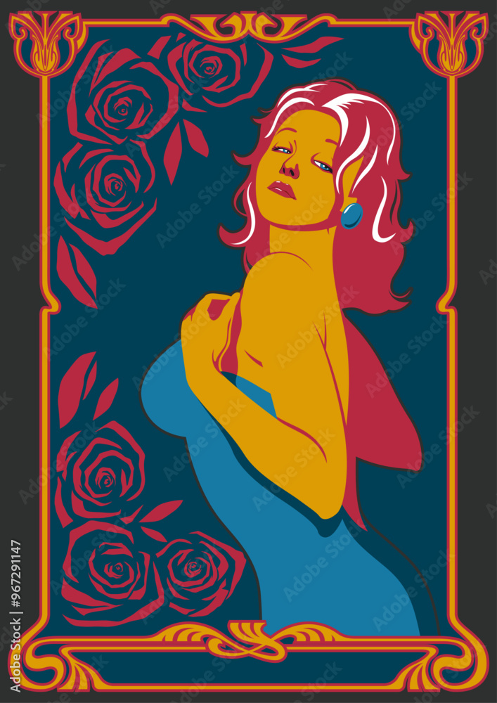1960s Psychedelic Art Style Poster, Young Woman with Beautiful Body, Roses, Art Nouveau Frame 1960s Psychedelic Art Style Poster, Young Woman with Beautiful Body, Roses, Art Nouveau Frame