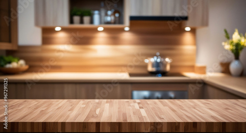 Wood table top on blur kitchen counter (room)background.