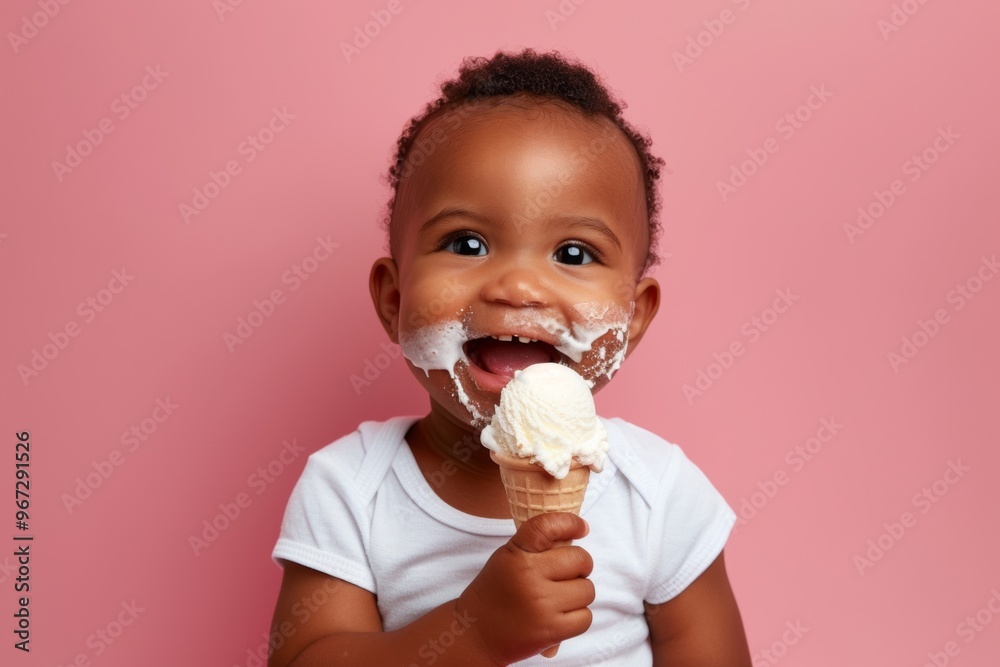 Black baby happily posing her innocence radiates natural light. Child relishes the taste of cold creamy ice cream. Innocence captured moment of playful delight. Black baby happily posing her innocence radiates natural light. Child relishes the taste of cold creamy ice cream. Innocence captured moment of playful delight.