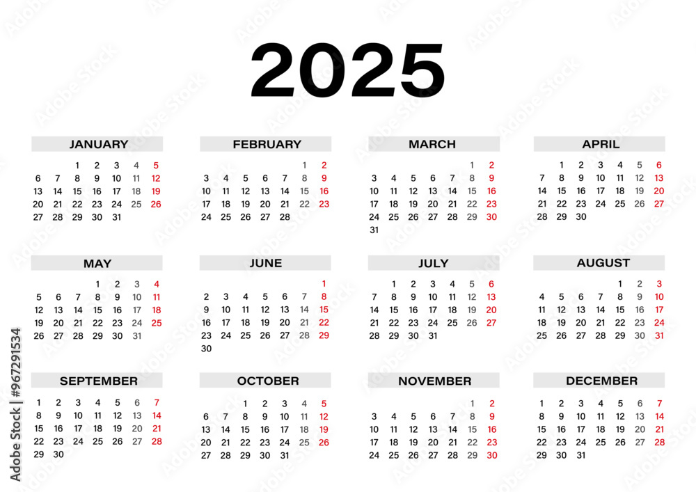annual calendar 2025 year, week starts on monday corporate planner template vector editable. Business calendar Yearly organizer in minimalist style for 2025 design. Landscape orientation annual calendar 2025 year, week starts on monday corporate planner template vector editable. Business calendar Yearly organizer in minimalist style for 2025 design. Landscape orientation