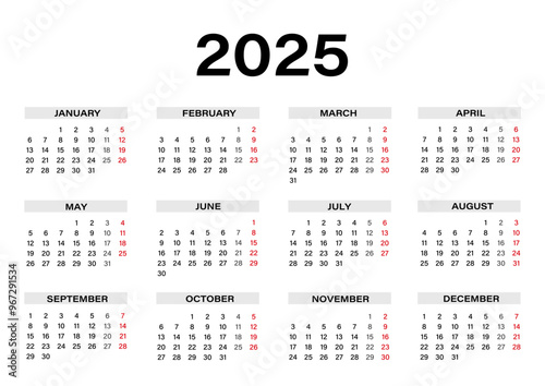 annual calendar 2025 year, week starts on monday corporate planner template vector editable. Business calendar Yearly organizer in minimalist style for 2025 design. Landscape orientation