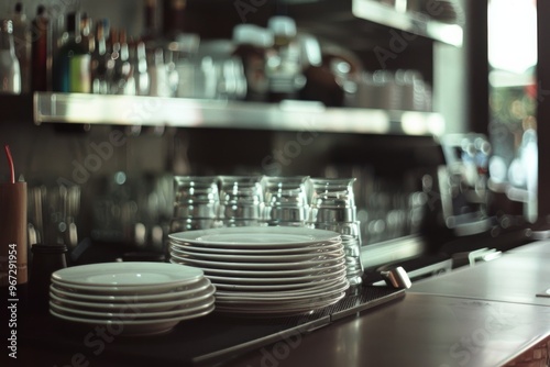 Stacks of clean white plates on a countertop in a modern, well-organized kitchen, ready for use.