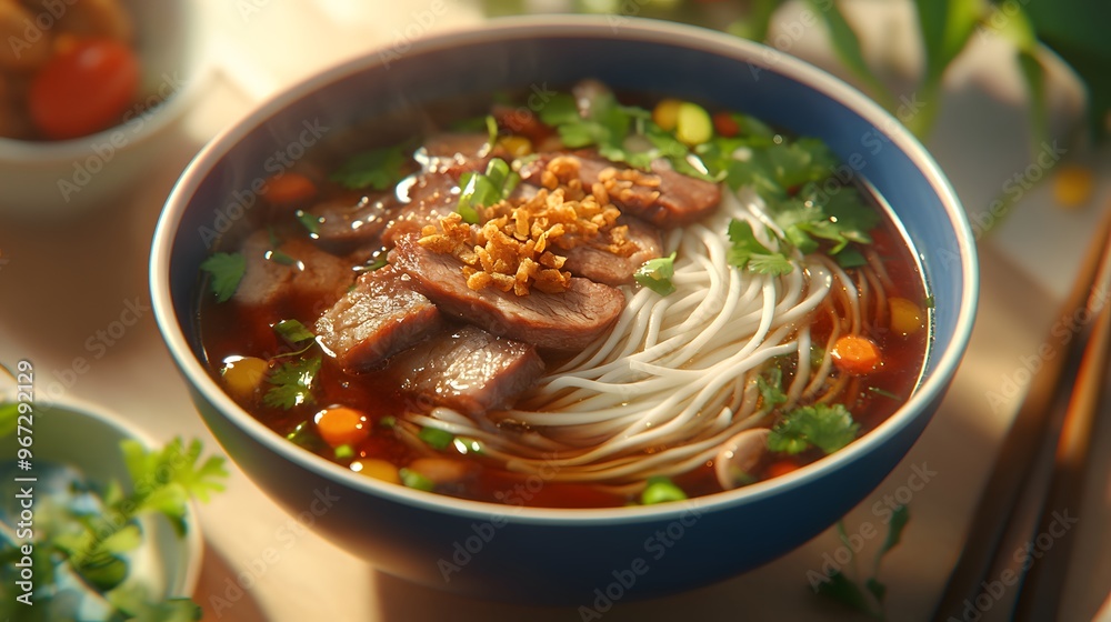 Detailed 3D render of pork noodle soup with tender pork slices, fresh vegetables, rice noodles, and rich broth, garnished with cilantro and fried garlic, bright light showcasing the vibrant details Detailed 3D render of pork noodle soup with tender pork slices, fresh vegetables, rice noodles, and rich broth, garnished with cilantro and fried garlic, bright light showcasing the vibrant details
