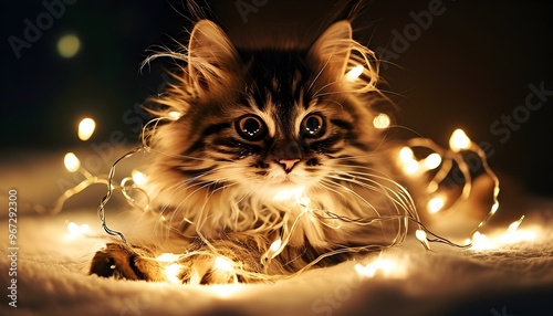 Adorable fluffy cat playfully entangled in colorful Christmas lights photo