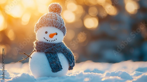 Little cute snowman in a knitted hat and scarf on snow on a sunny winter day. Christmas card photo