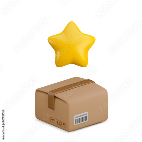 Vector cartoon 3d premium parcel delivery concept. Cute realistic closed cardboard box package with gold star on top, 3d successful order received icon, shipping quality control, best logistics sign.
