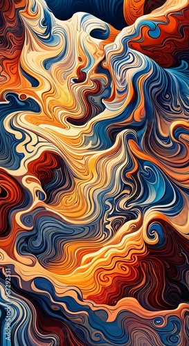 Abstract fluid art with vibrant swirls of blue, orange, and white creating a dynamic pattern, Generative AI.