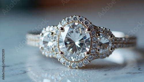 A close-up of a luxurious diamond ring, highlighting its clarity, brilliance, and craftsmanship with a softly blurred background.







 photo