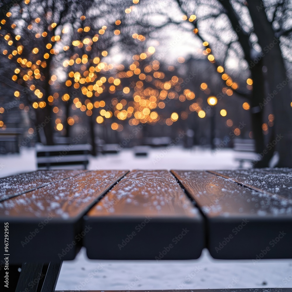 Snowy City Park with Dark Wood Table and Festive Lights on Trees, blurred background Snowy City Park with Dark Wood Table and Festive Lights on Trees, blurred background