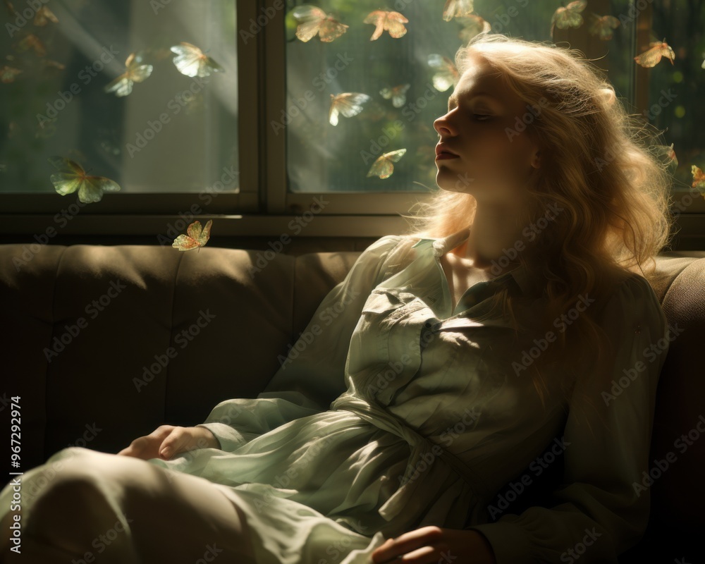 Young beautiful woman in a ray of light, surrounded by butterflies, calm and peaceful, escaping reality. Mental health concept Young beautiful woman in a ray of light, surrounded by butterflies, calm and peaceful, escaping reality. Mental health concept