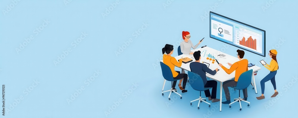 Team of professionals collaborating in a modern workspace, analyzing data and discussing strategies with digital screens. Team of professionals collaborating in a modern workspace, analyzing data and discussing strategies with digital screens.