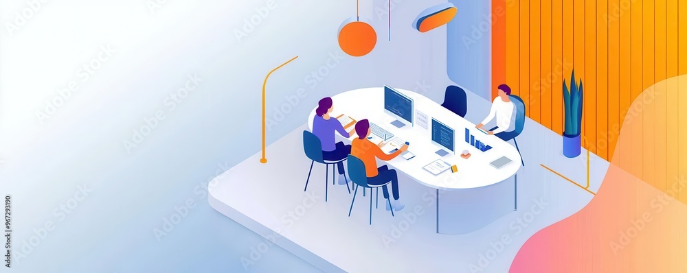 Isometric development room, product launch planning, digital tools, diverse team collaboration, abstract tech visuals Isometric development room, product launch planning, digital tools, diverse team collaboration, abstract tech visuals