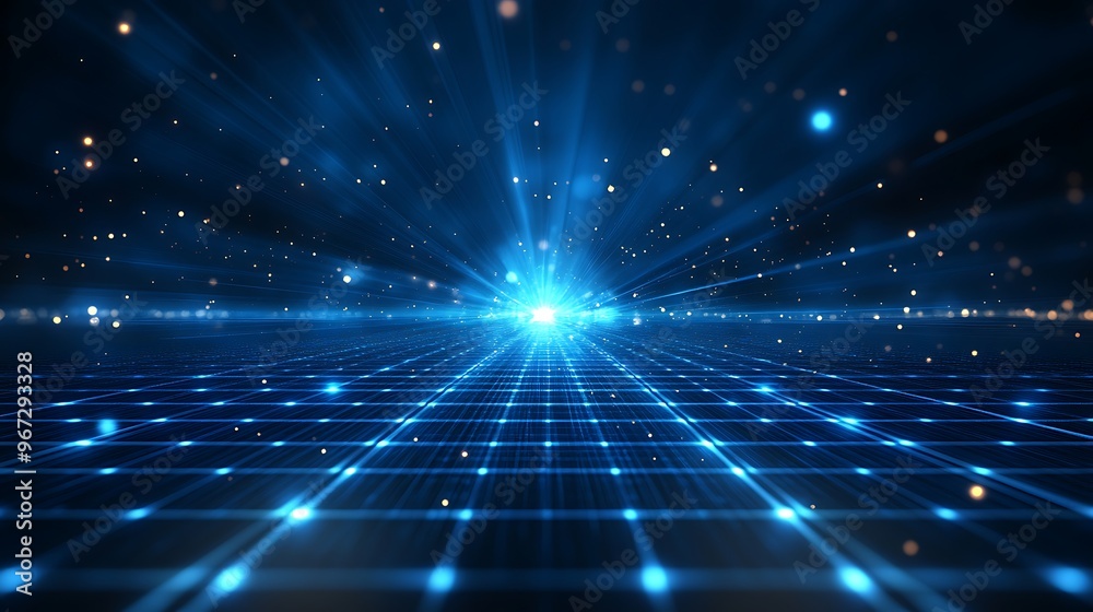 Fototapeta premium A stunning abstract background featuring vibrant blue rays of light and a grid pattern, perfect for technology and sci-fi themes.
