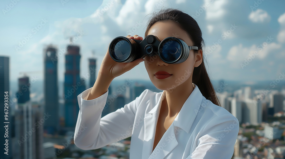 Businesswoman Surveys Cityscape from Flying Paper Airplane with Binoculars Concept of Business Businesswoman Surveys Cityscape from Flying Paper Airplane with Binoculars Concept of Business