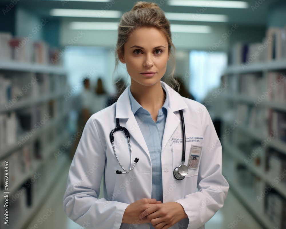 Portrait of a young female doctor in a white coat and with a stethoscope Portrait of a young female doctor in a white coat and with a stethoscope