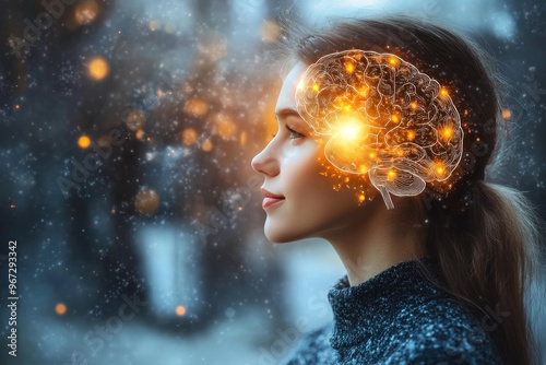 Electrophysiological cerebral cortex digital art biophotonics and data mapping woman in profile with glowing brain patterns symbolizing imagination intelligence and data mapping photo