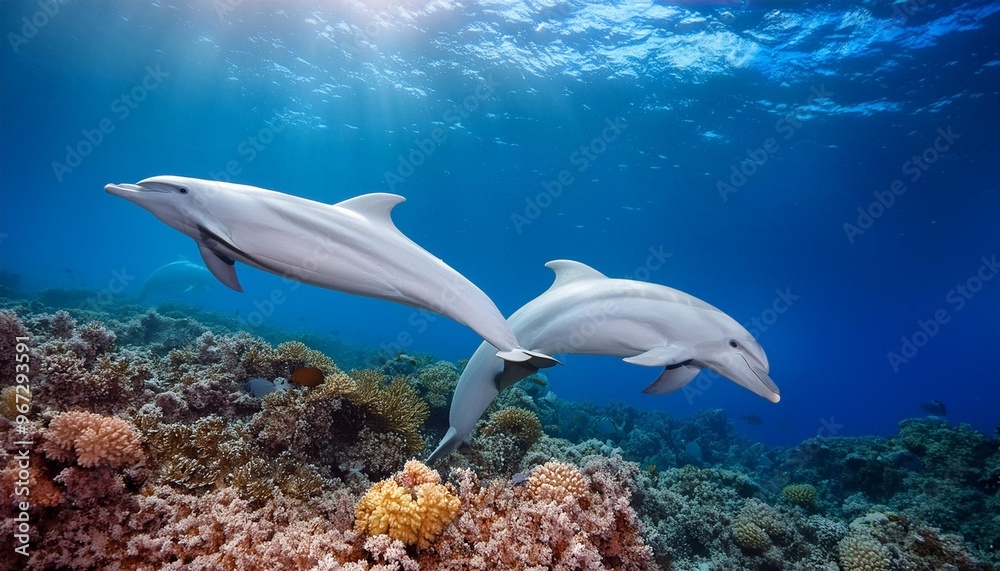 Fototapeta premium Graceful dolphin pair swimming in a coral reef