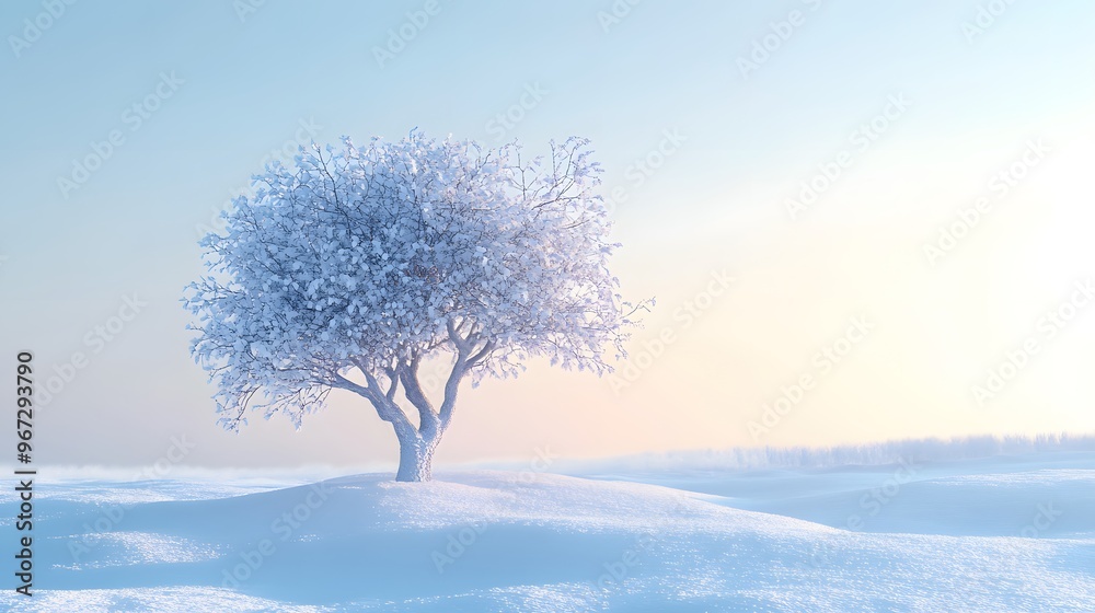 A winter landscape featuring a lone tree covered in snow A winter landscape featuring a lone tree covered in snow