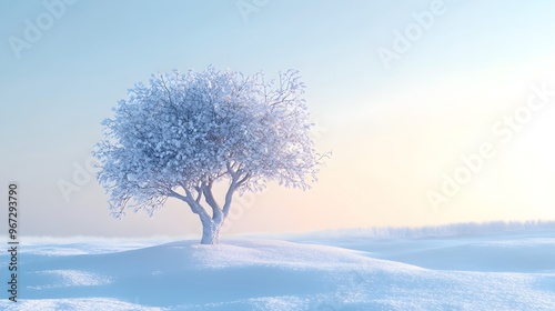 A winter landscape featuring a lone tree covered in snow