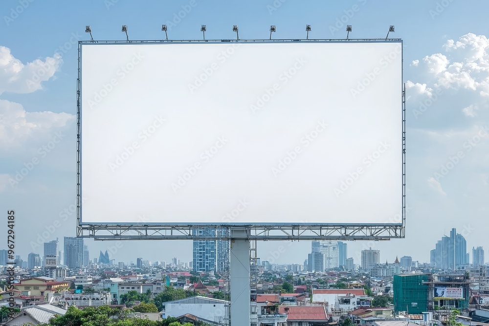 A blank white road billboard with a Bangkok cityscape background at sunset. Assembled in 3D rendering, this is an example of how marketing communication can be used to promote or sell an idea. A blank white road billboard with a Bangkok cityscape background at sunset. Assembled in 3D rendering, this is an example of how marketing communication can be used to promote or sell an idea.