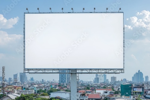 A blank white road billboard with a Bangkok cityscape background at sunset. Assembled in 3D rendering, this is an example of how marketing communication can be used to promote or sell an idea.