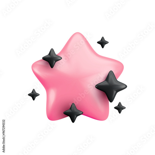 Vector 3d pink star with black twinkles on white background. Cute realistic cartoon 3d render of sparkling color star Illustration for rating concept, nursery decor, game, app, Halloween sticker.