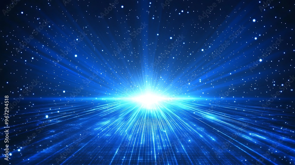 Obraz premium A stunning blue cosmic background with light rays emanating from a central point, ideal for science fiction or space themes.
