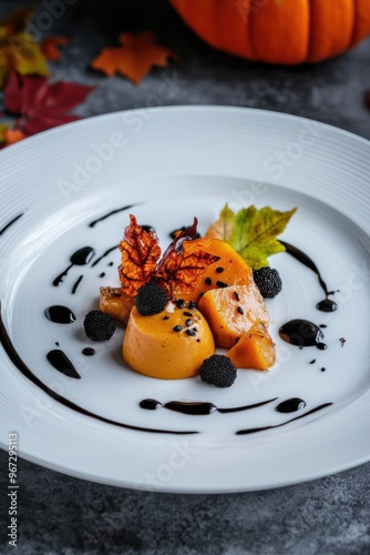 Elegant roasted pumpkin and black garlic mousse with Halloween garnishes on a white plate photo