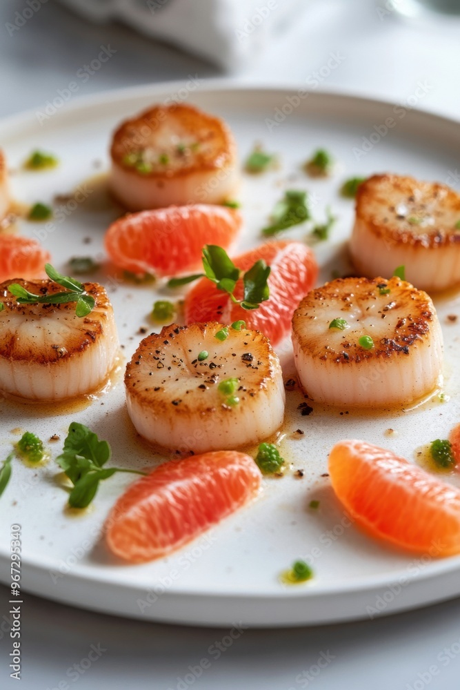 Seared scallops with blood orange segments arranged beautifully on a white plate showcasing vibrant colors and elegant design