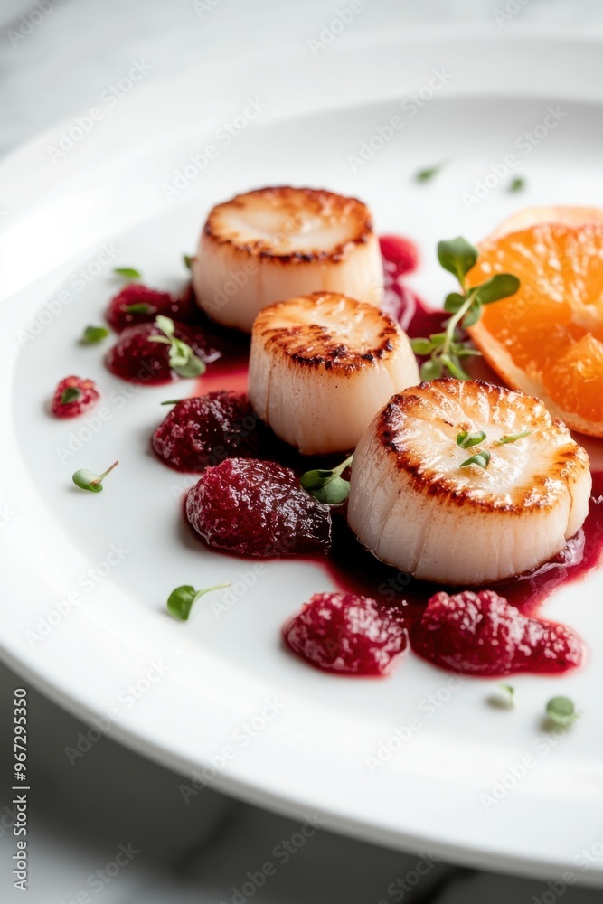Seared scallops with blood orange segments arranged beautifully on a white plate showcasing vibrant colors and elegant design Seared scallops with blood orange segments arranged beautifully on a white plate showcasing vibrant colors and elegant design
