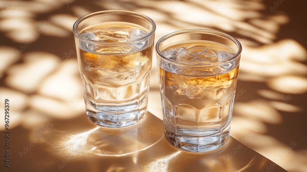 Two Glasses of Water with Ice Cubes on a Sunny Day Two Glasses of Water with Ice Cubes on a Sunny Day