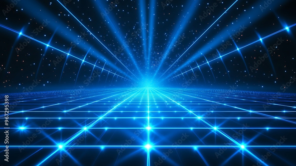 A stunning blue light burst with grid lines, creating a vibrant digital landscape with a starry backdrop. A stunning blue light burst with grid lines, creating a vibrant digital landscape with a starry backdrop.