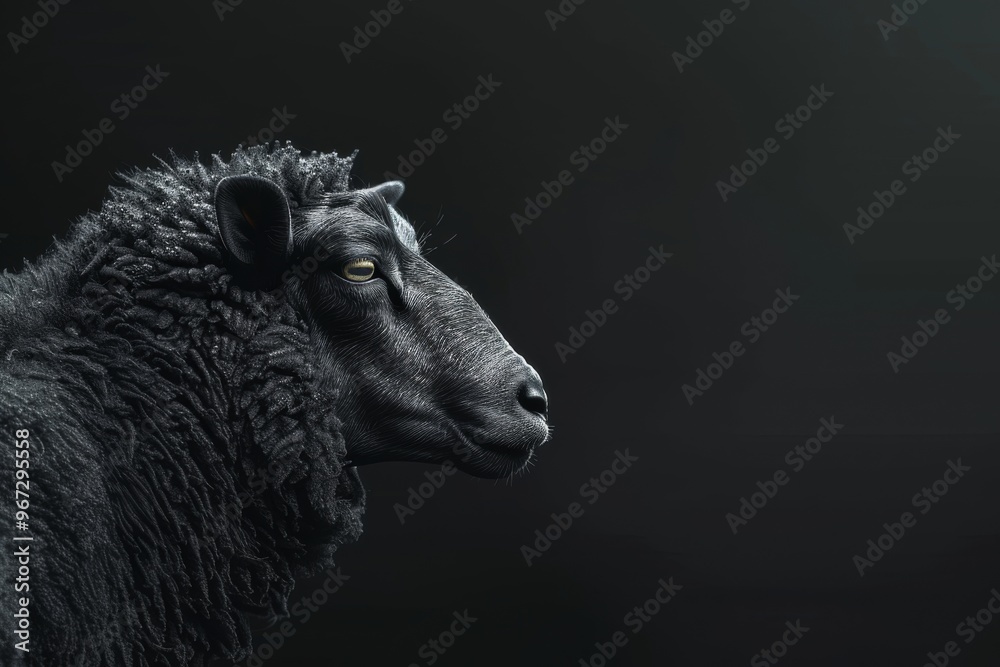 A striking black sheep stares intently against a dark background, showcasing intricate details of its wool and expression.