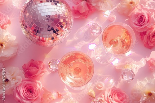 Girly Party Still Life with Disco Ball and Pink Roses - Perfect for Celebration Posters and Invitations photo